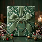Luxury Christmas wrapping paper with green floral pattern and sage velvet bow by Wrapped Studios.