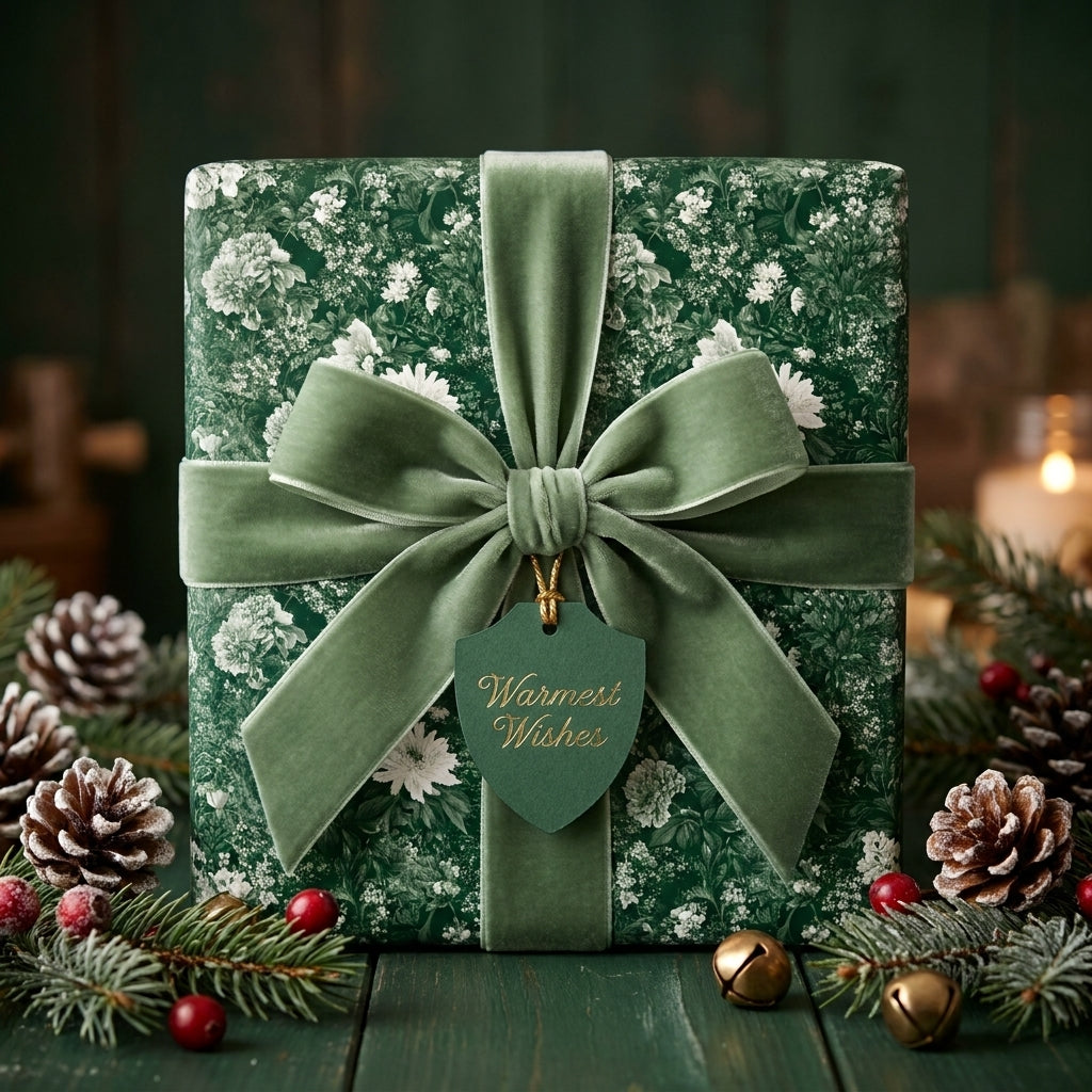 Luxury Christmas wrapping paper with green floral pattern and sage velvet bow by Wrapped Studios.