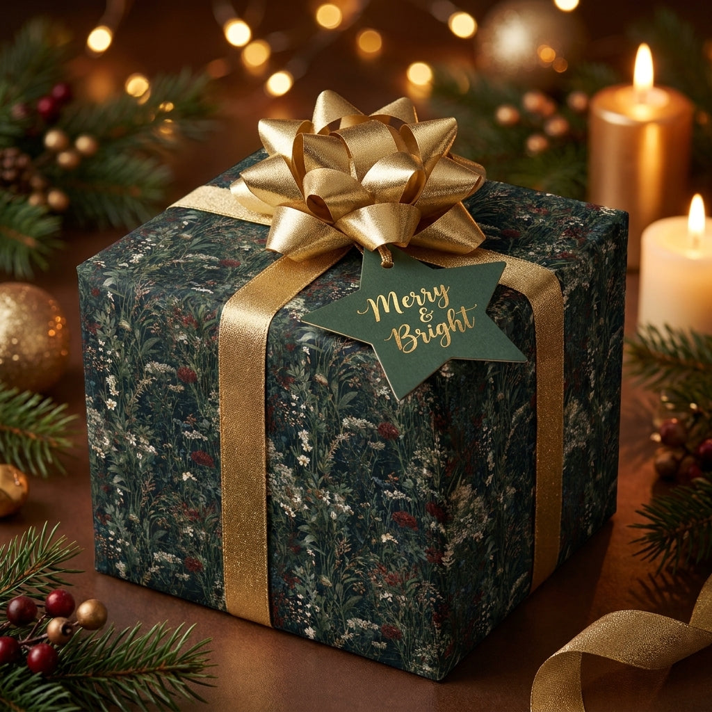 Luxury dark green botanical Christmas wrapping paper with a gold bow by Wrapped Studios.