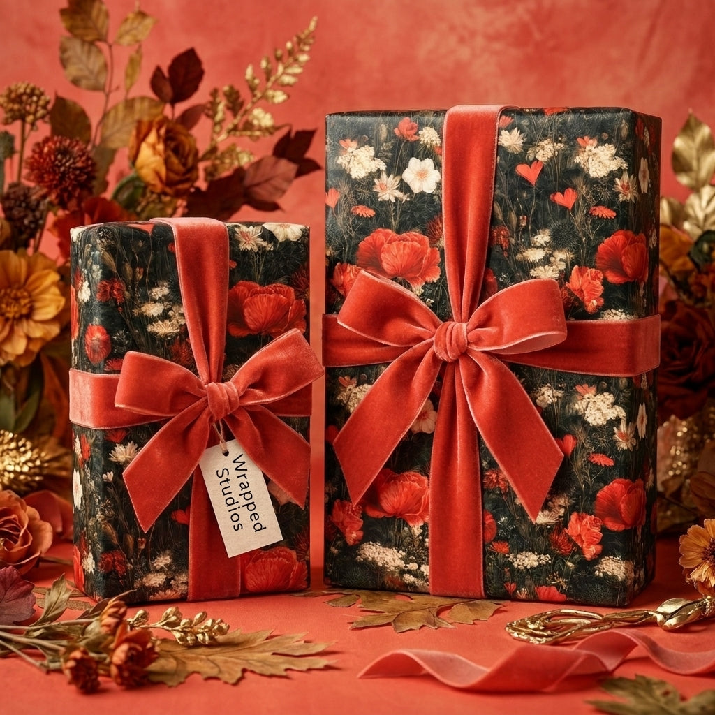 Luxury dark floral wrapping paper featuring red poppy patterns and red velvet bows by Wrapped Studios.