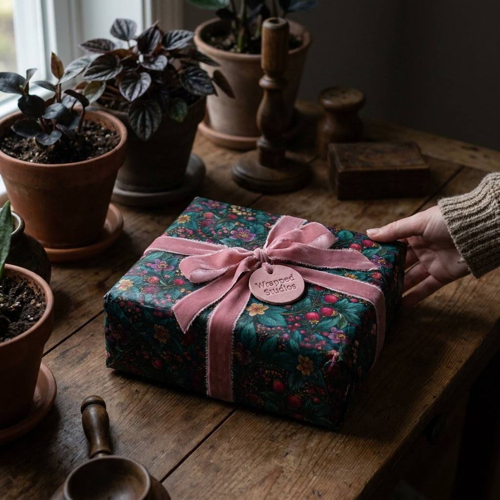Luxury floral wrapping paper with pink velvet ribbon and a Wrapped Studios tag on a rustic wooden table.