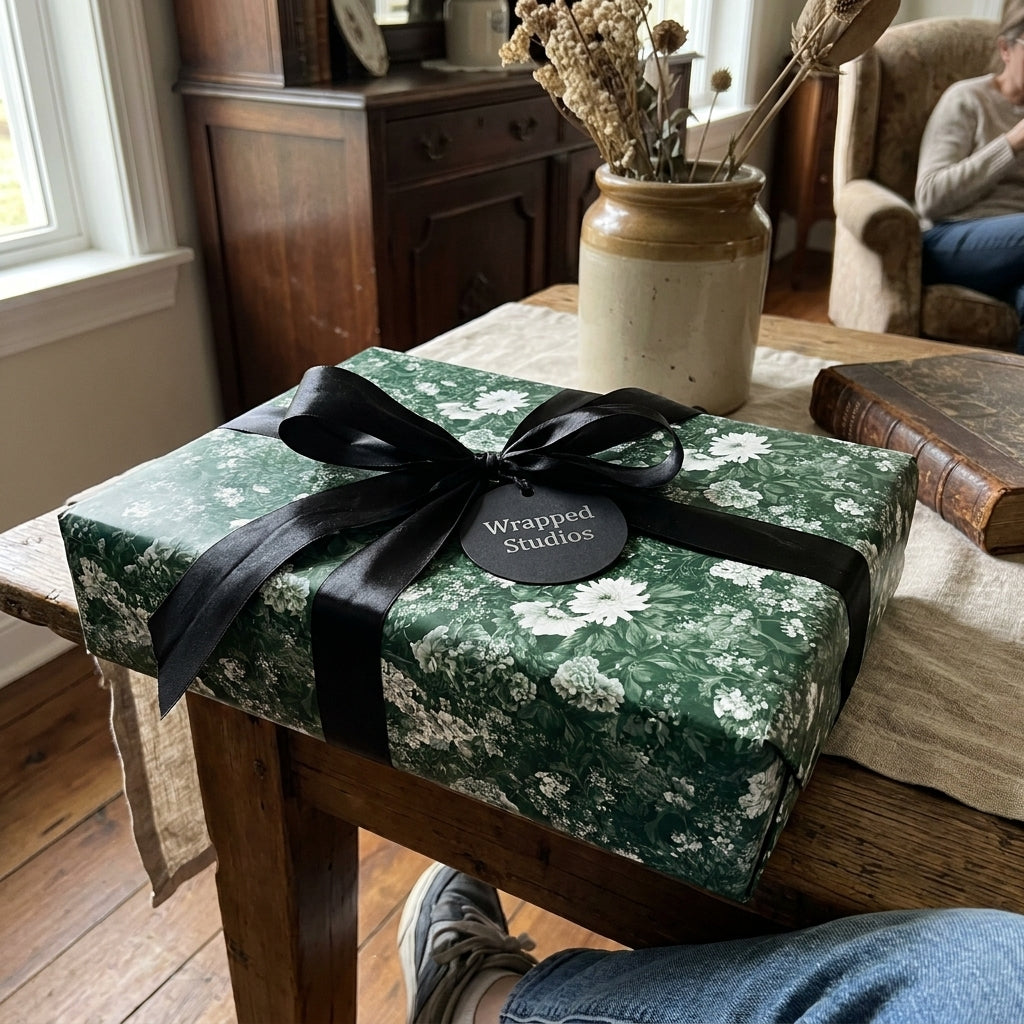 Vintage green floral wrapping paper with a black satin ribbon on a gift box by Wrapped Studios.