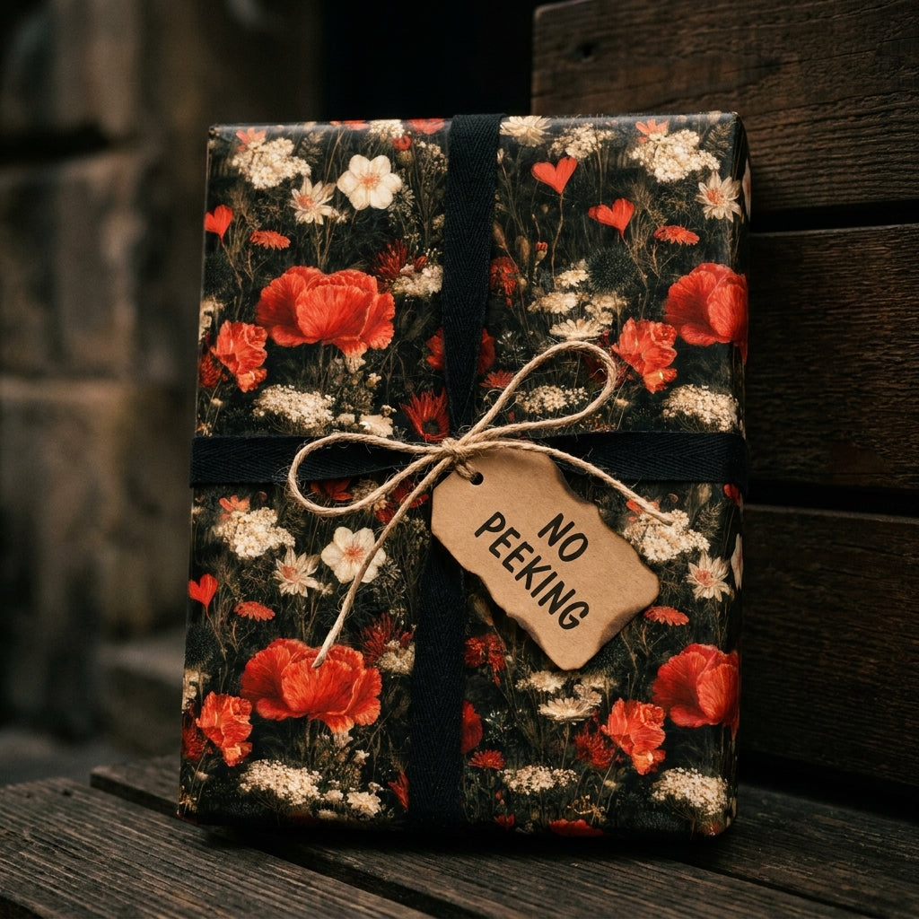 Moody floral wrapping paper by Wrapped Studios on a gift with a black ribbon and "No Peeking" tag.