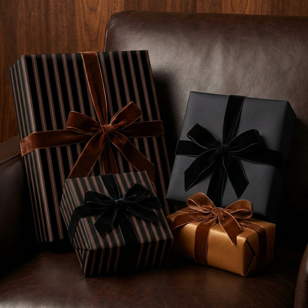 Elegant presents wrapped in striped and solid luxury gift wrap with velvet bows.