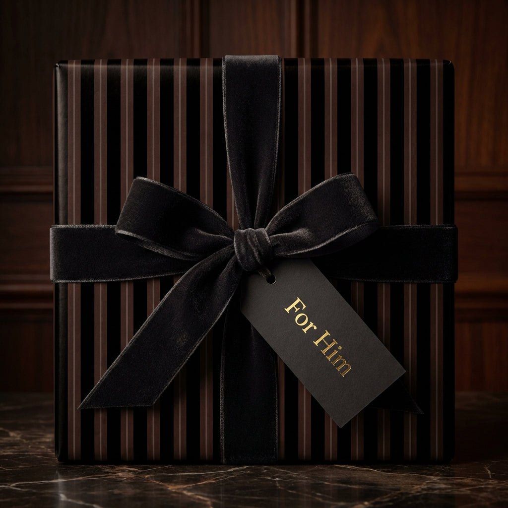 Elegant gift box wrapped in striped wrapping paper with a velvet bow and "For Him" tag.