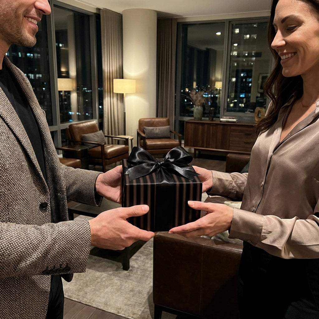Woman receiving luxury gift wrap with black ribbon in modern living room setting.