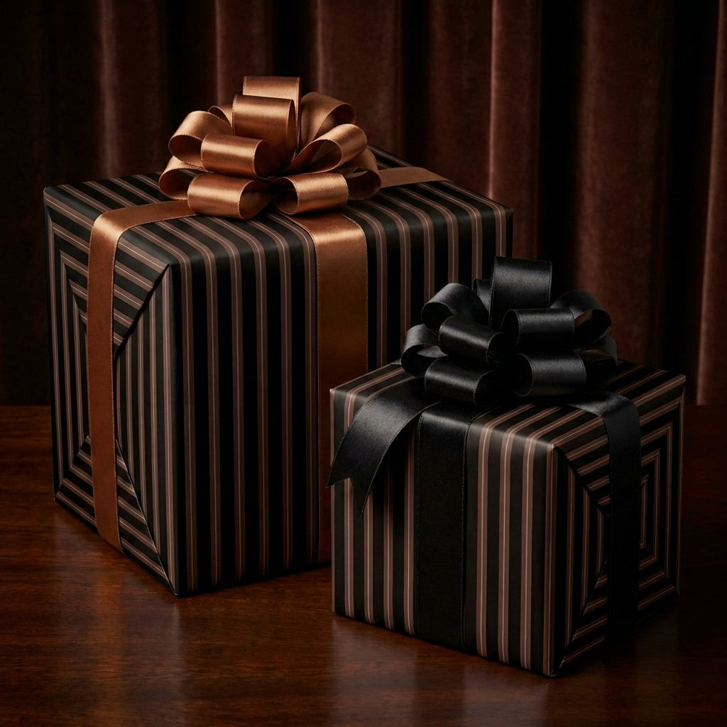 Elegant striped wrapping paper in dark hues with luxurious satin ribbon and bows.