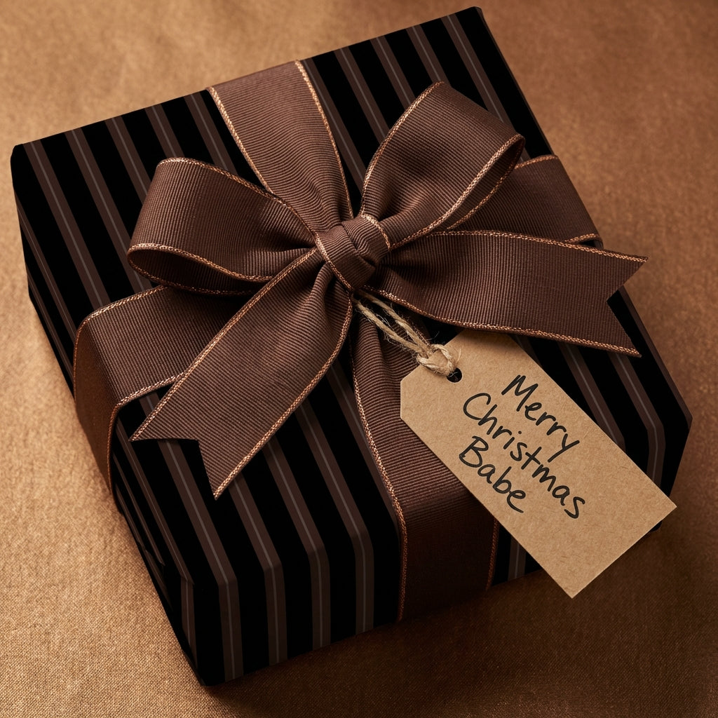 Striped black & brown Christmas gift wrap with a brown ribbon bow and a "Merry Christmas Babe" tag.