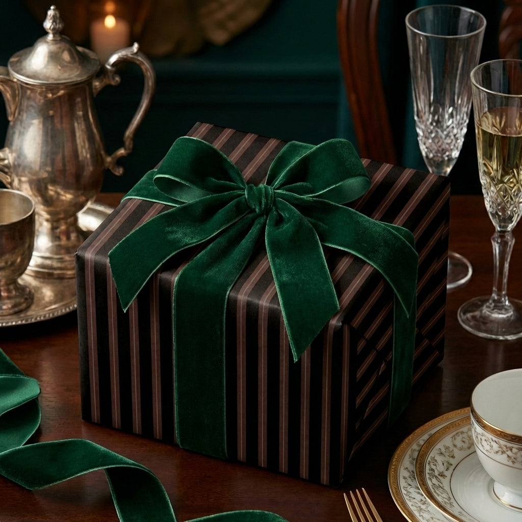 Elegant black striped gift box with a lush green velvet ribbon, ideal luxury gift wrap.