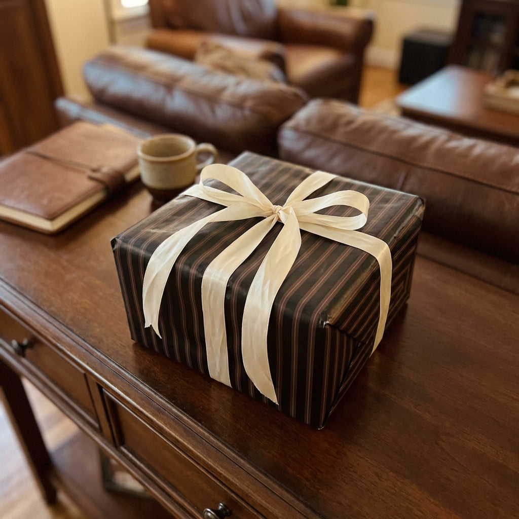 Elegant gift wrapped in striped paper with an ivory bow, sitting on a wooden table.