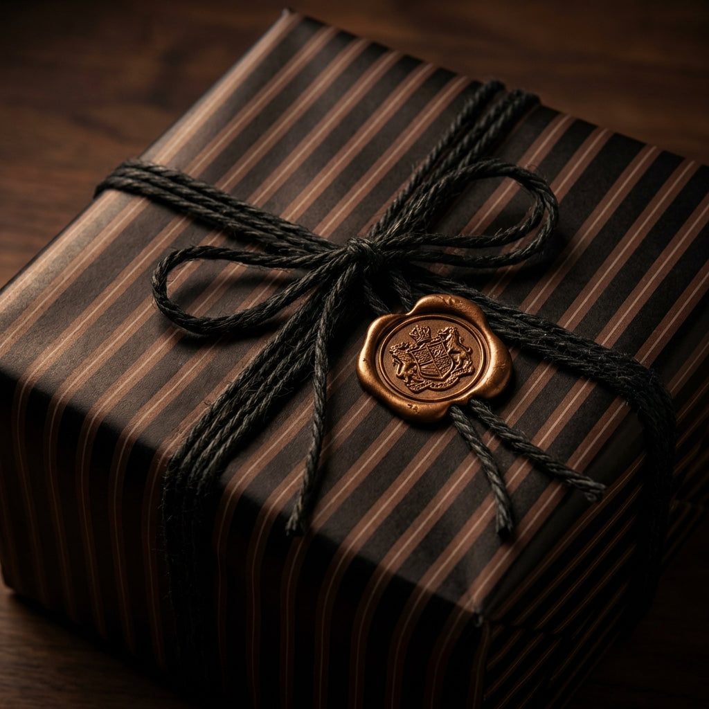 Elegant striped gift wrap with dark twine and a gold wax seal on a rectangular box.