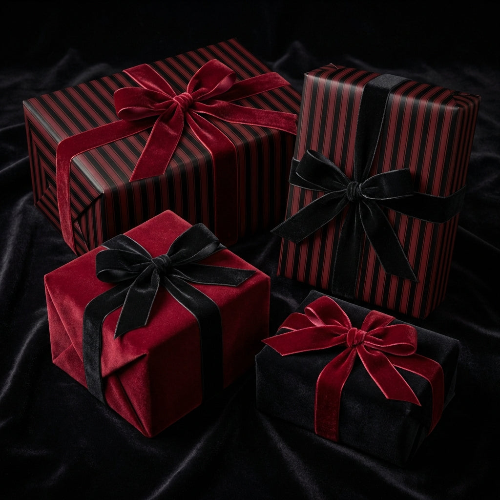 Elegant gifts wrapped in striped black/red wrapping paper with velvet bows; luxury gift wrap for any occasion.