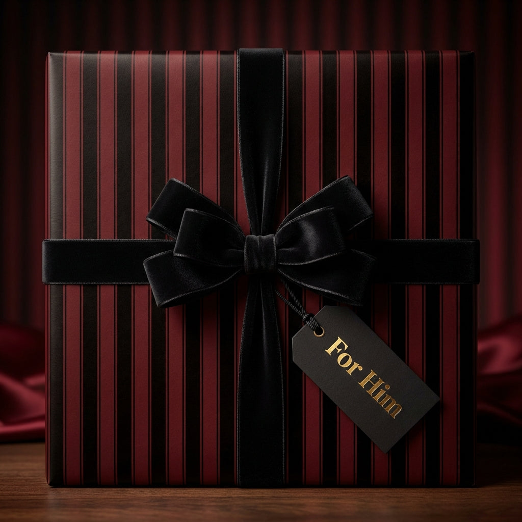 Luxury gift for him wrapped in striped black and red paper with velvet ribbon and gift tag.