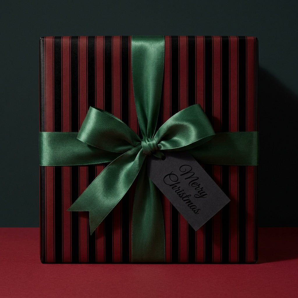 Elegant Christmas gift wrap with green satin bow and "Merry Christmas" tag on striped red and black wrapping paper.