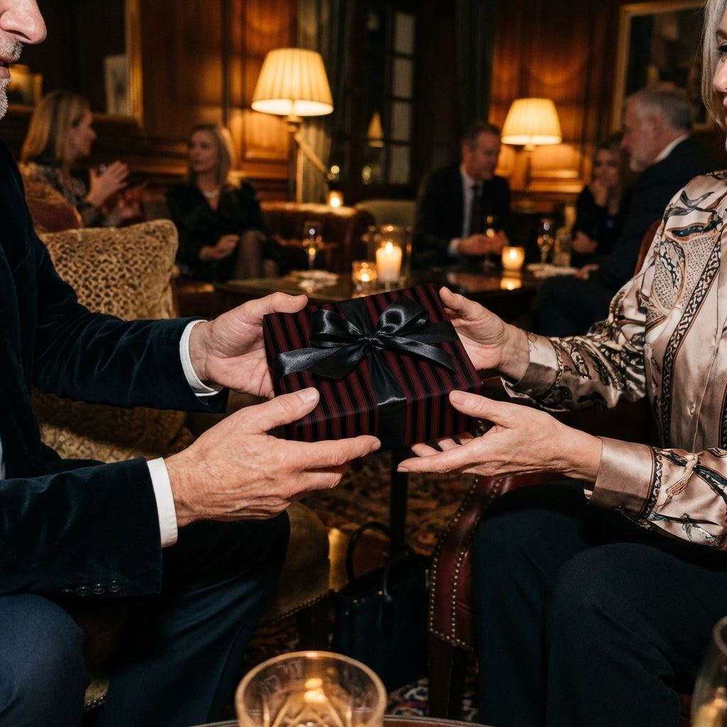 Exchanging a gift wrapped in elegant striped wrapping paper with a black bow in a festive setting.