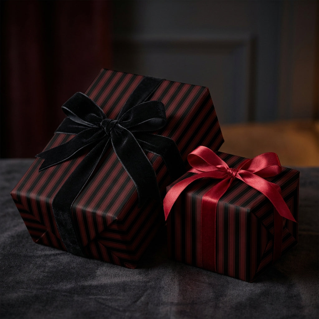 Elegant gifts wrapped in striped burgundy wrapping paper with velvet bows.