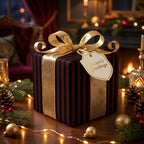 Elegant striped Christmas gift wrap with gold ribbon and "Season's Greetings" tag near a cozy fireplace.
