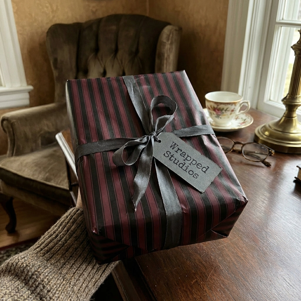Striped gift wrapping paper in dark red and black, tied with a grey ribbon and a tag, for a unique gift presentation.