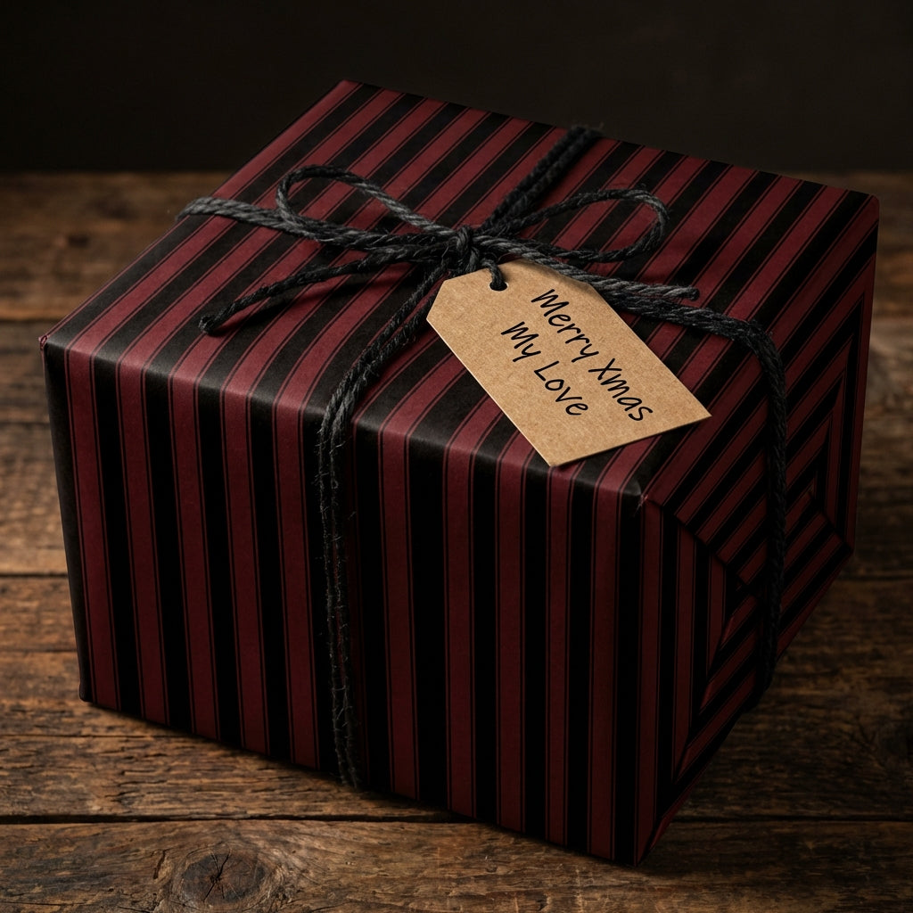 Striped Christmas gift wrap in red and black with twine and a tag that reads "Merry Xmas My Love."