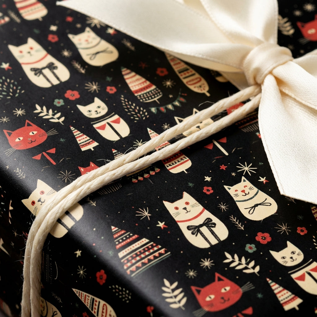 Black gift box wrapped in holiday-themed cat wrapping paper with a cream-colored bow.
