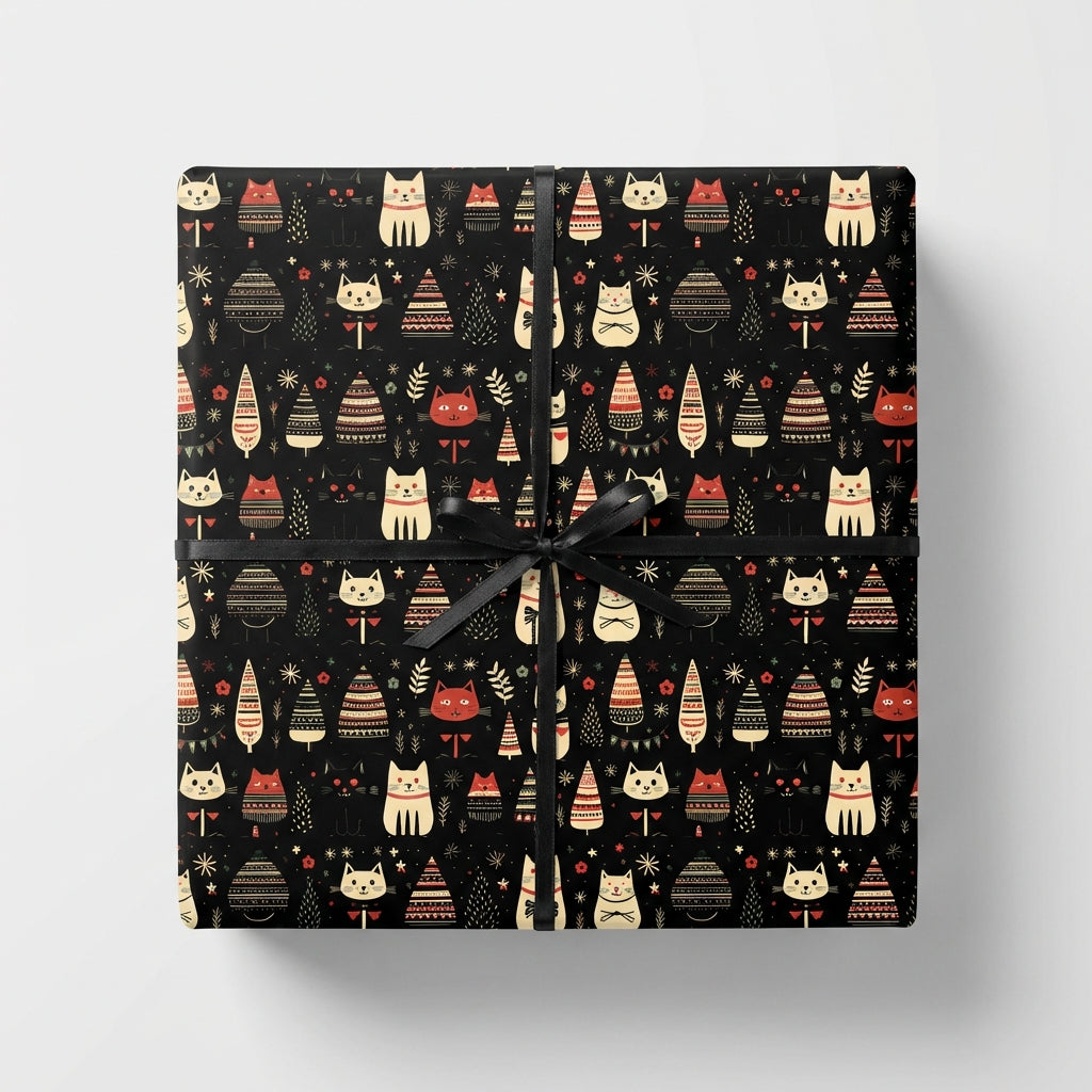 Square gift wrapped in black Christmas wrapping paper with cats and decorated tree pattern tied with black ribbon.