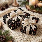 Gifts wrapped in black holiday wrapping paper with a cat and tree pattern and cream-colored yarn bows.