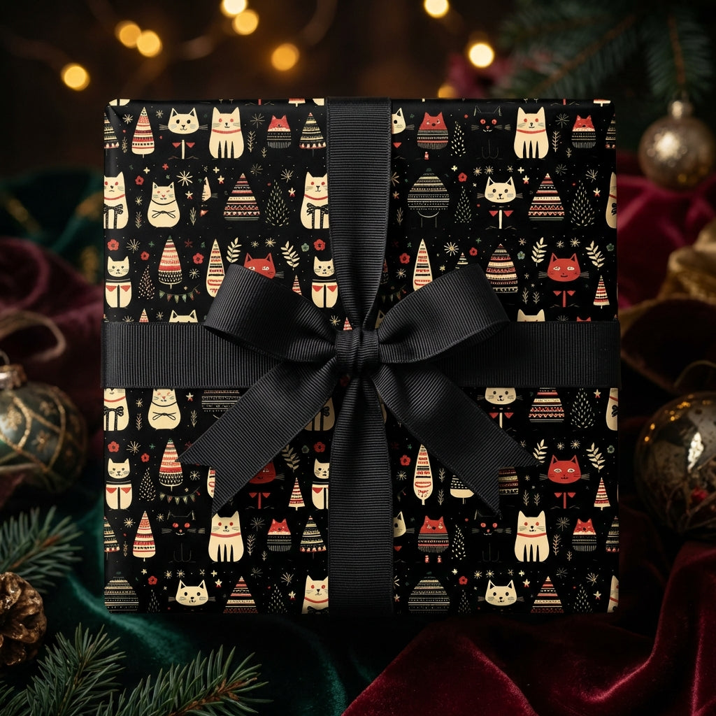 Festive cat-themed Christmas wrapping paper with a black ribbon on a gift box.