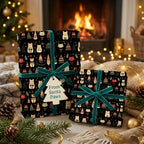 Festive Christmas gifts wrapped in black cat-themed holiday wrapping paper with teal velvet ribbon.