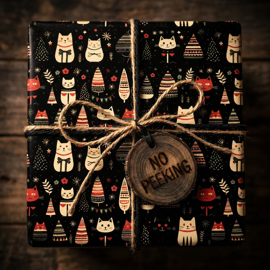 Square gift wrapped in black holiday wrapping paper with red and white cats and decorated trees, tied with twine and a wood tag.