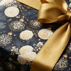 Luxury navy and gold Christmas gift wrap with vintage ornaments and a gold bow by Wrapped Studios.