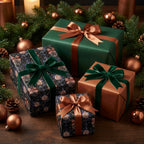 Luxury Christmas wrapping paper in green, copper, and vintage ornament prints by Wrapped Studios.