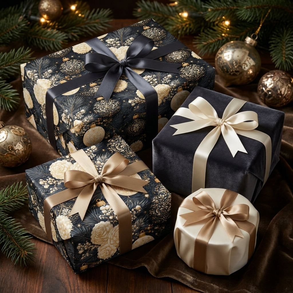 Luxury black and gold Christmas wrapping paper on gifts with elegant satin bows by Wrapped Studios.