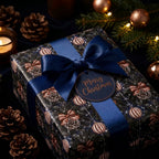Luxury Christmas wrapping paper with pinecones, navy blue satin bow, and gift tag by Wrapped Studios.