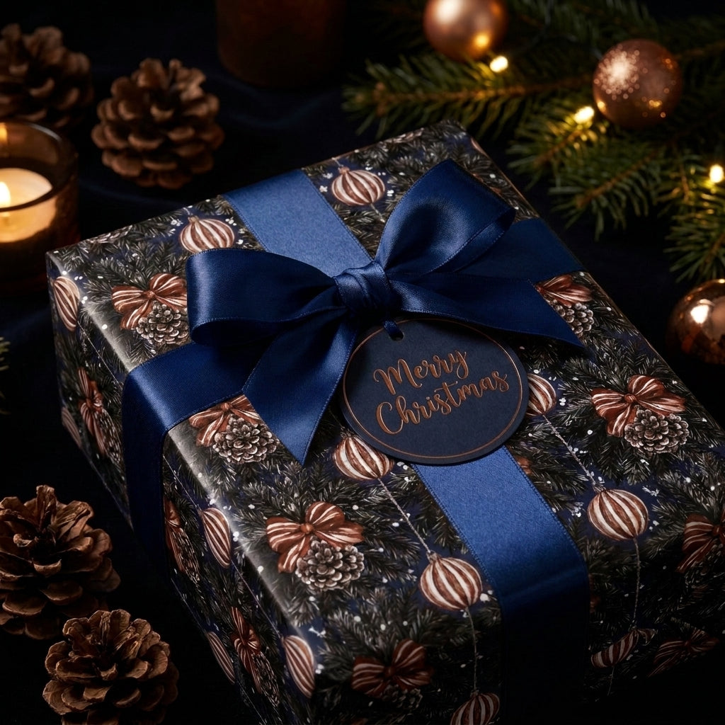 Luxury Christmas wrapping paper with pinecones, navy blue satin bow, and gift tag by Wrapped Studios.