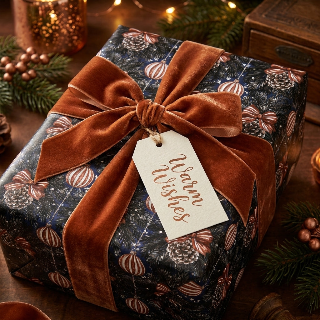 Luxury Christmas wrapping paper with pinecone print and rust velvet ribbon by Wrapped Studios.