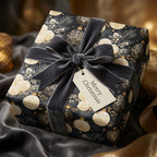 Luxury Christmas gift wrap with elegant cream roses and gold ornaments, by Wrapped Studios.