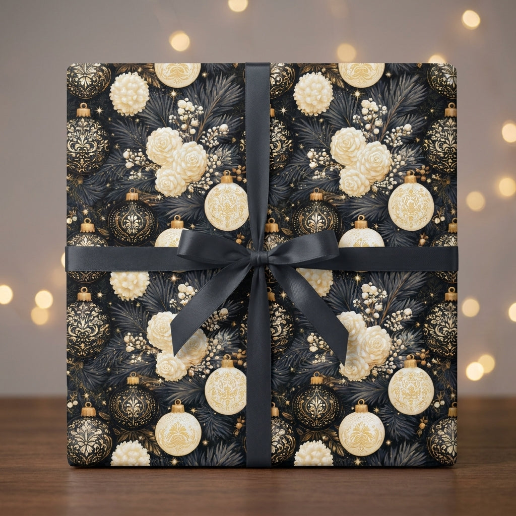 Luxury black and gold Christmas gift wrap with elegant floral design and black ribbon by Wrapped Studios.
