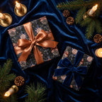 Luxury Christmas wrapping paper with pinecones on blue velvet. Elegant holiday gift wrap by Wrapped Studios.
