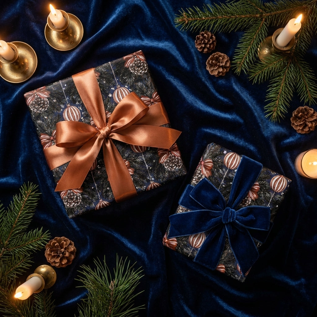 Luxury Christmas wrapping paper with pinecones on blue velvet. Elegant holiday gift wrap by Wrapped Studios.