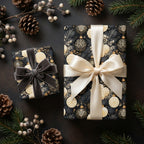 Luxury Christmas wrapping paper with elegant gold ornament patterns and ribbons, by Wrapped Studios.