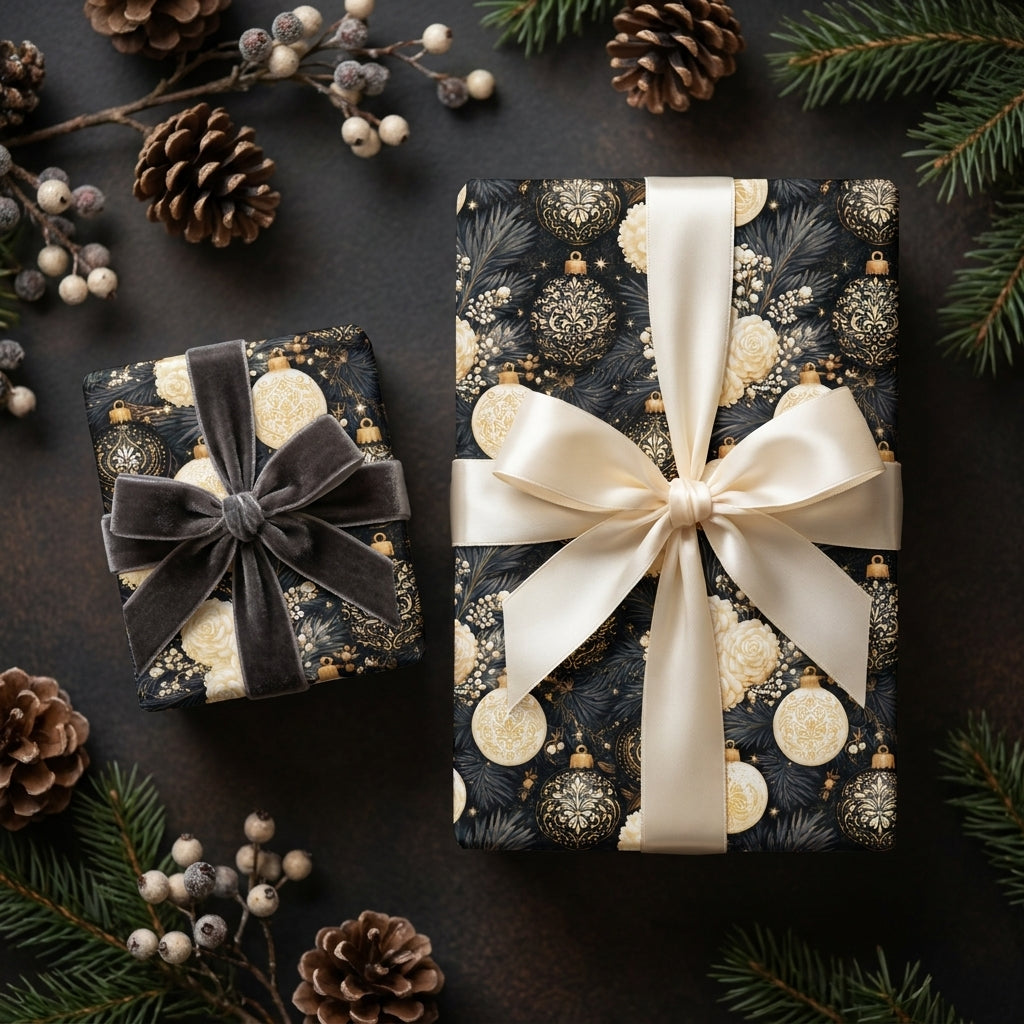 Luxury Christmas wrapping paper with elegant gold ornament patterns and ribbons, by Wrapped Studios.