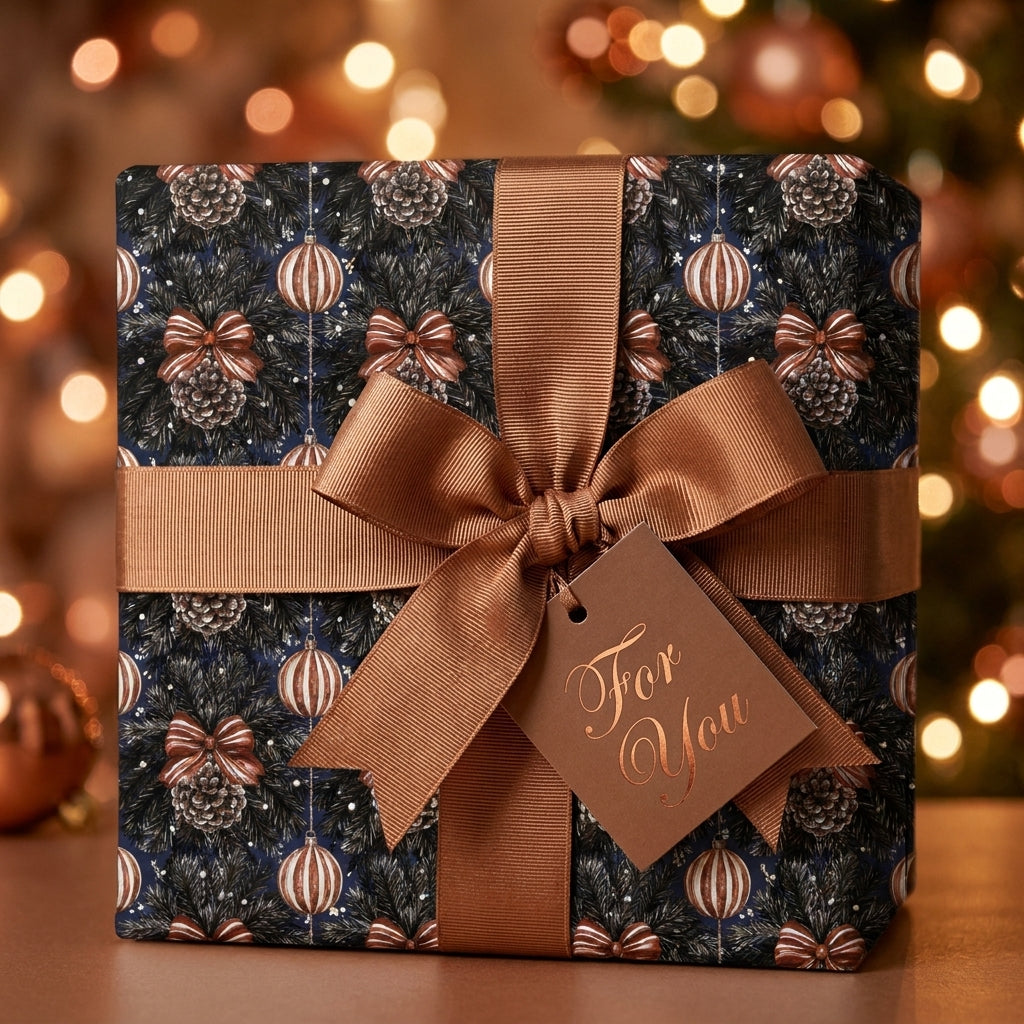 Luxury Christmas wrapping paper in navy and bronze pinecone print with a bow by Wrapped Studios.