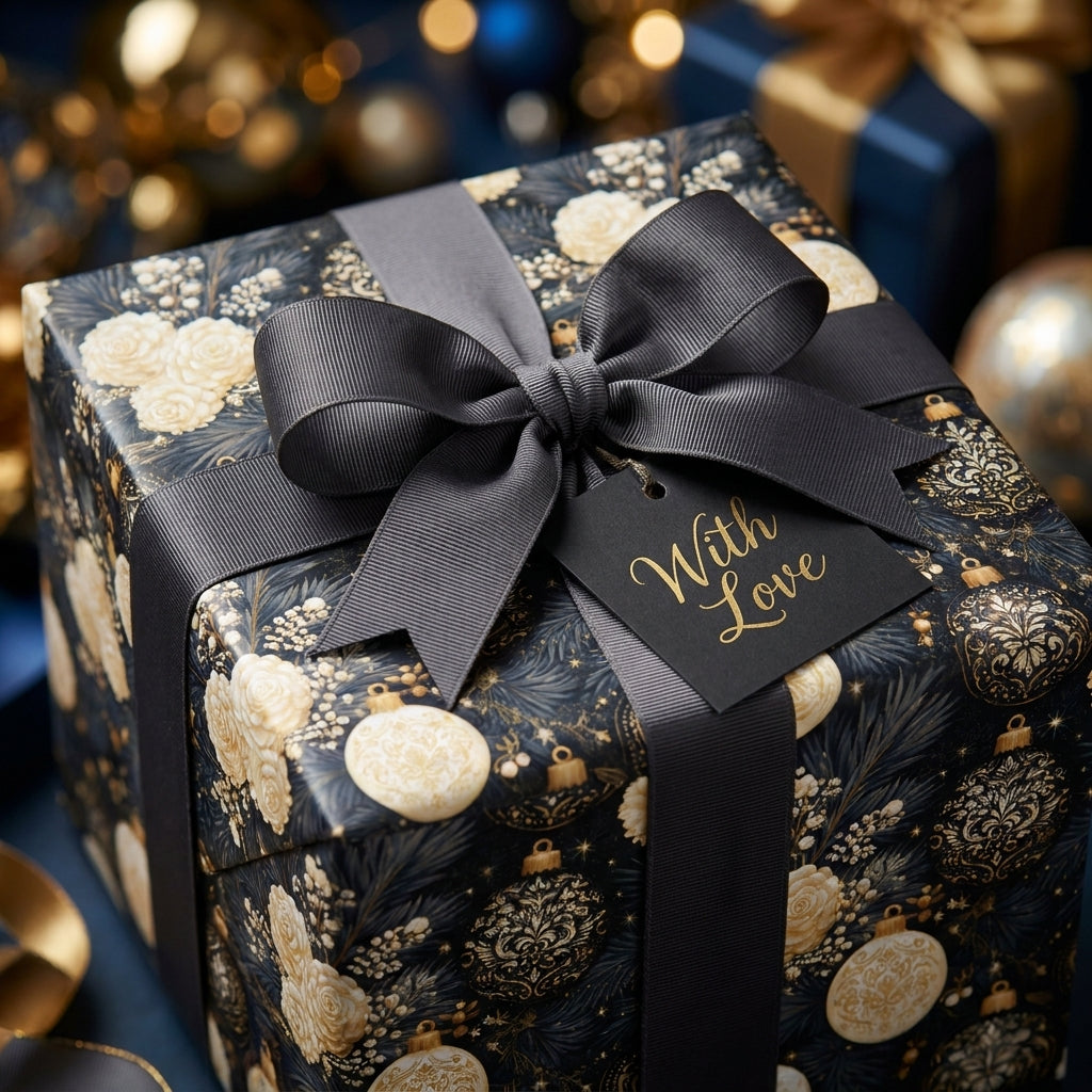 Luxury Christmas wrapping paper with cream roses, gold ornaments, and a grey bow. Wrapped Studios.