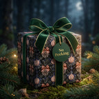 Luxury Christmas wrapping paper with pinecones, emerald velvet bow, and No Peeking tag by Wrapped Studios.