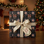 Luxury Christmas gift wrap with a vintage ornament pattern and cream bow by Wrapped Studios.