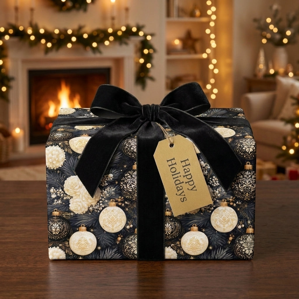 Luxury Christmas gift wrap by Wrapped Studios, featuring an elegant black and gold holiday ornament pattern.