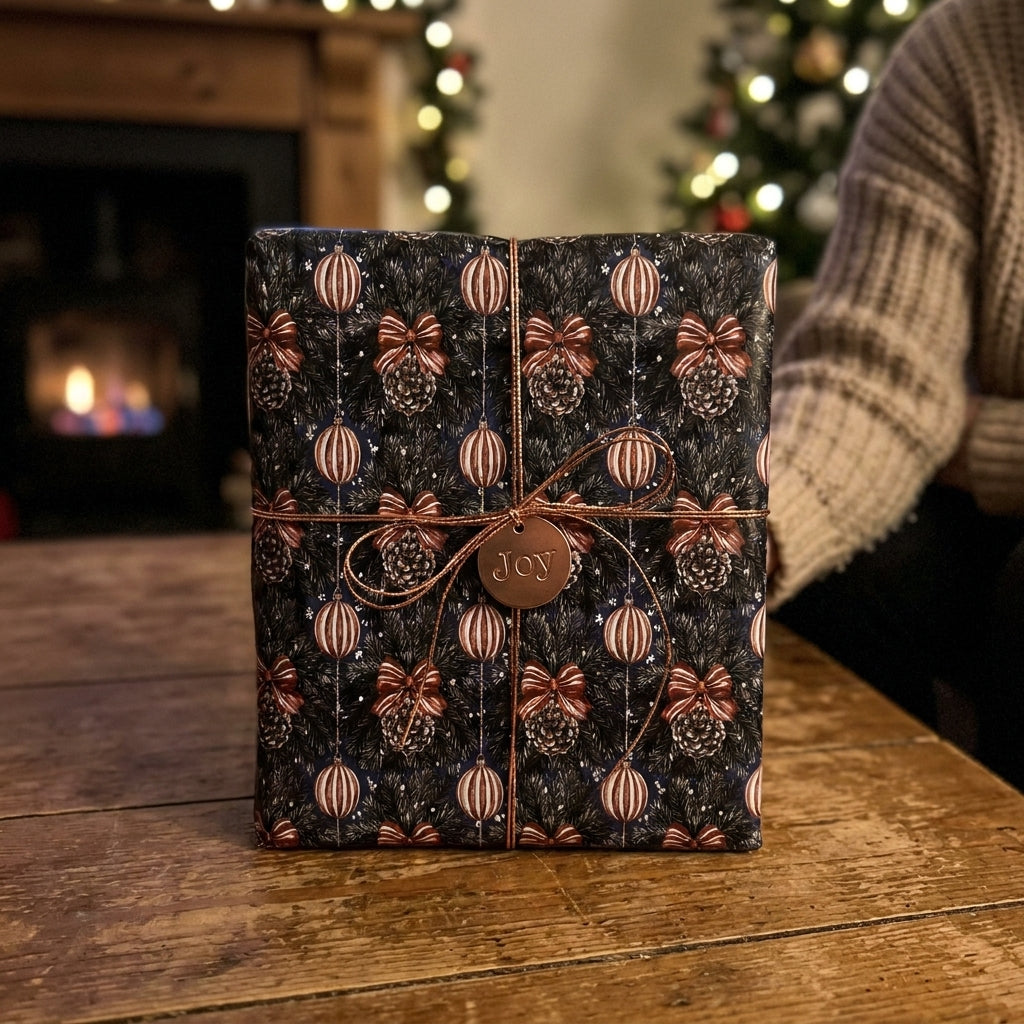 Luxury Christmas wrapping paper with vintage ornament pattern and bronze JOY tag by Wrapped Studios.
