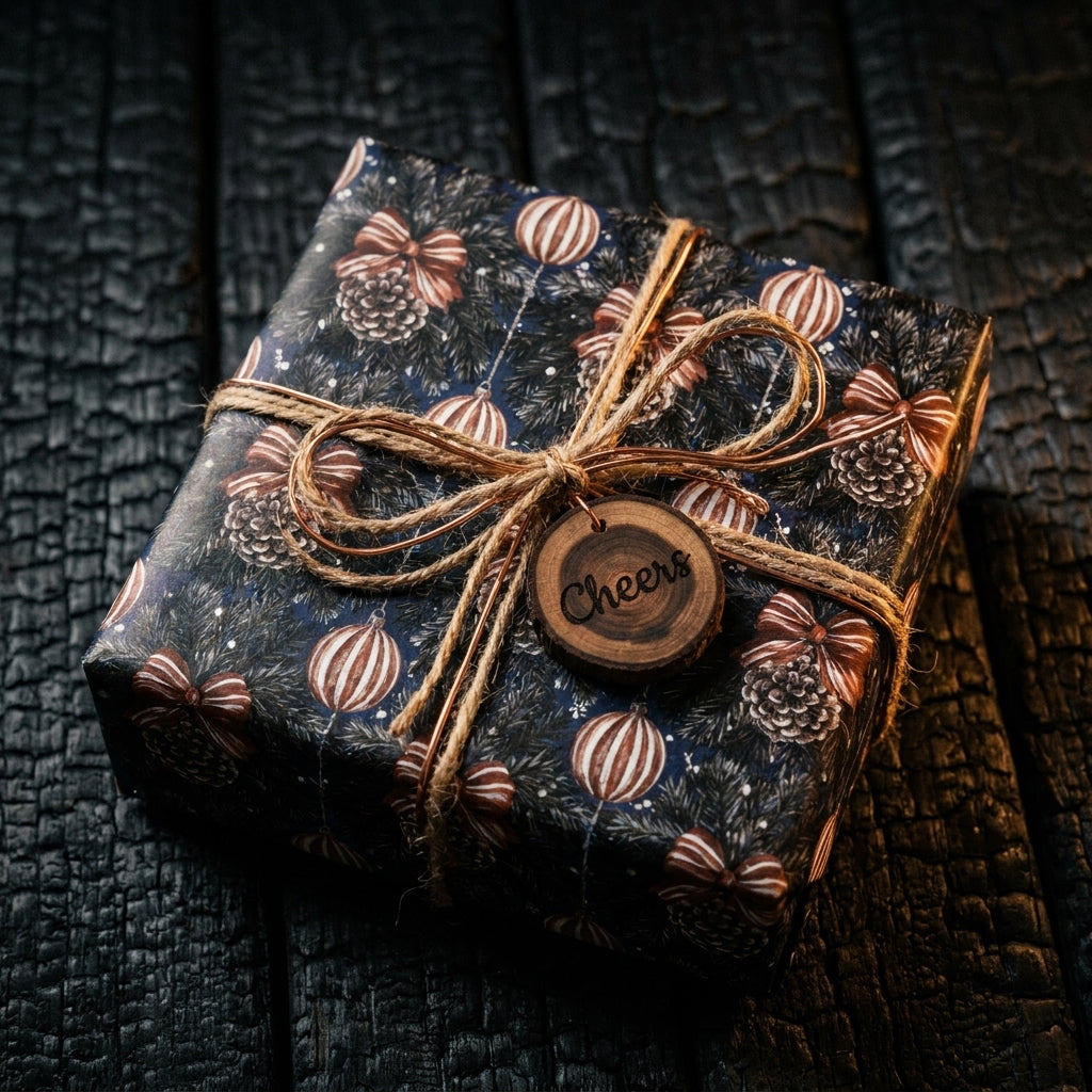 Rustic Christmas wrapping paper with pinecones, twine bow, and 'Cheers' wooden tag by Wrapped Studios.