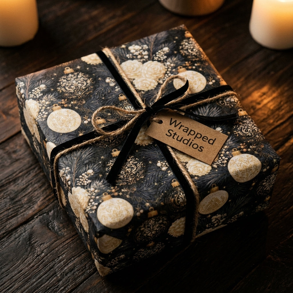 Luxury Christmas gift wrap with vintage gold ornaments and black velvet ribbon, by Wrapped Studios.