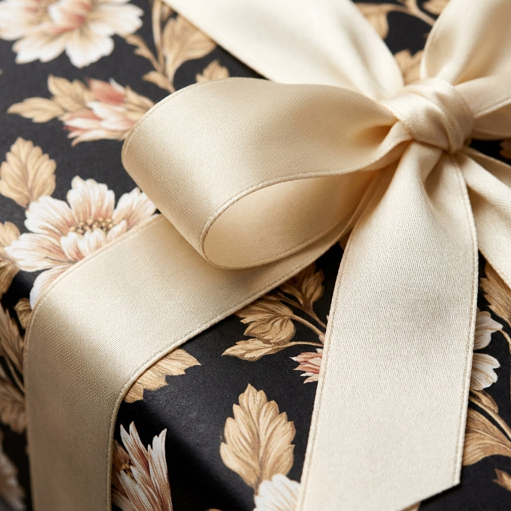Luxury vintage floral wrapping paper with a cream satin bow by Wrapped Studios.
